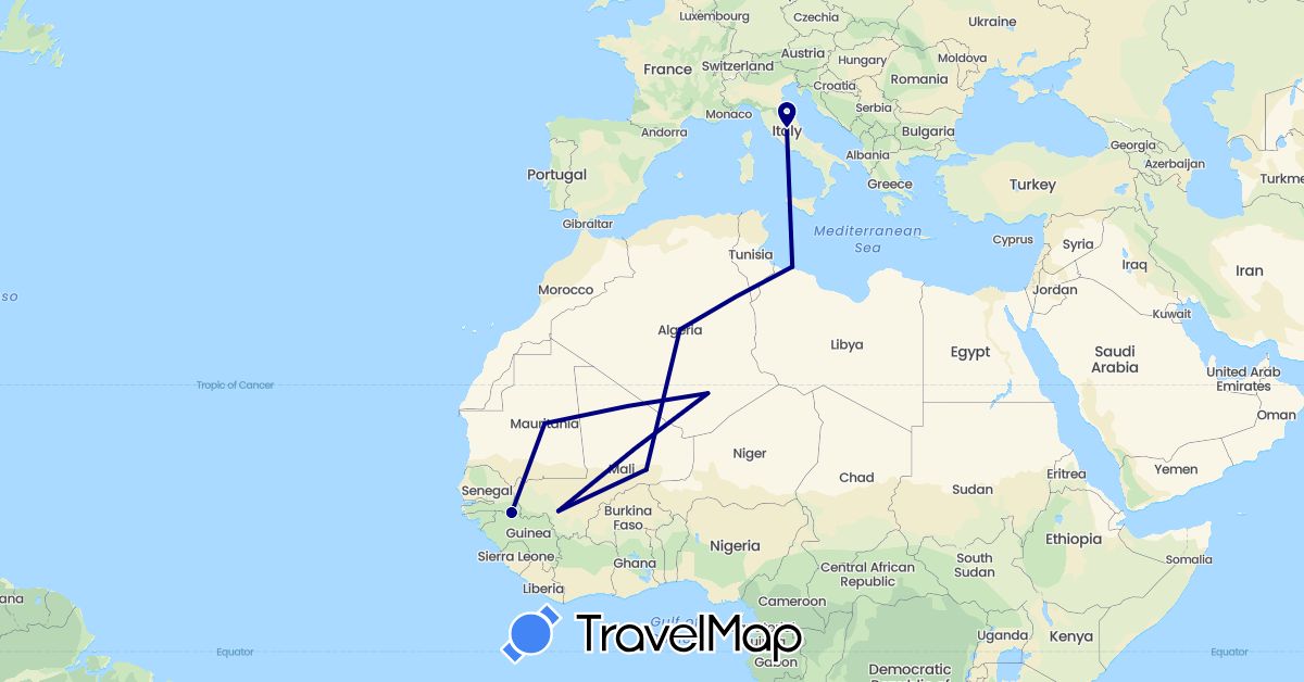 TravelMap itinerary: driving in Algeria, Italy, Libya, Mali, Mauritania, Senegal (Africa, Europe)